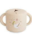 Mushie Snack Cup: beige silicone, two handles, dove with olive branch on front.