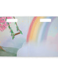 Two panels of a notebook cover with cherry blossoms and a rainbow design.