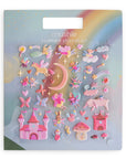 Packaging of mushie reusable sticker set with fairy-themed stickers on a rainbow background