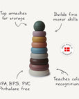 The mushie Stacking Rings Toy features ten colorful, round, non-toxic pieces for building fine motor skills and teaching color recognition. BPA, BPS, PVC, and phthalate free with storage top. Made in Denmark.