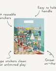 Packaging of stickers with illustrations and text highlighting features on a white background