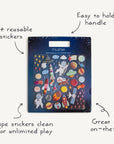 Packaging of Mushie reusable stickers set with space-themed illustrations on a white background.