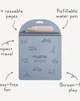 The mushie Reusable Water Color Pad features 4 reusable pages with simple vehicle illustrations and a refillable water pen attached. This spiral-bound, mess-free art supply offers screen-free, sustainable fun for kids.