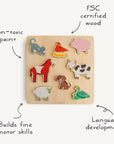 The Mushie Wooden Puzzle is an educational toy with cat, bird, pig, horse, cow, dog, sheep, and duck pieces on a board. Made from FSC certified wood and non-toxic paint, it helps build fine motor skills and early language development.