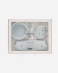 Rylee + Cru Feeding Kit Space: bowl, spoon, cup & silicone bib with soft gray space design.