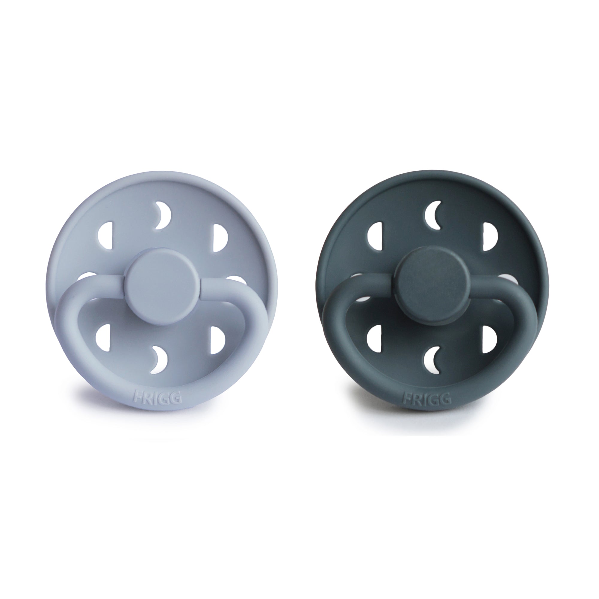 Front view of Powder Blue and Slate Moon Silicone Frigg pacifiers.