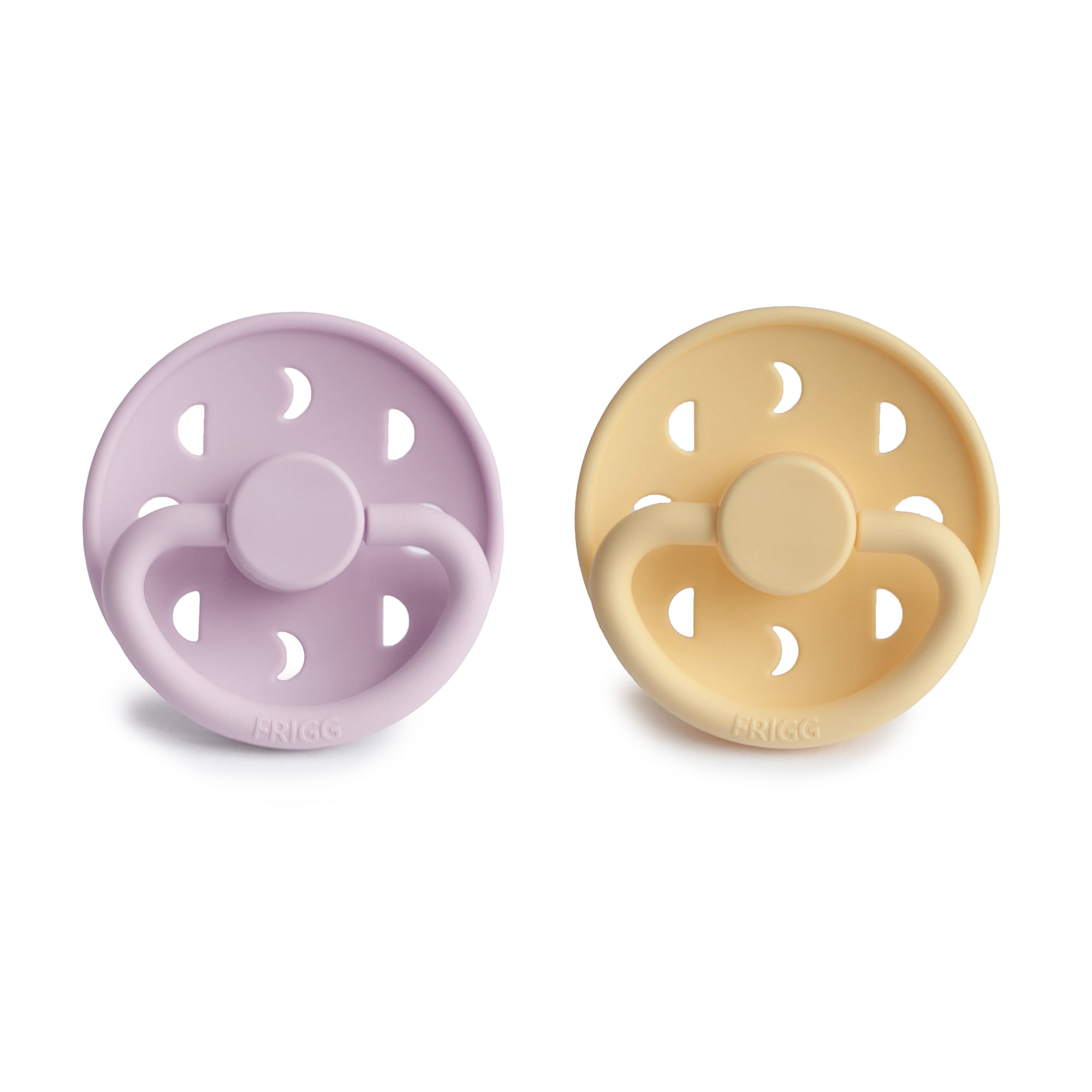 Front view of Soft Lilac and Pale Daffodil Moon Silicone Frigg pacifiers.