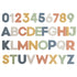 The mushie Letters & Numbers Bath Play Set features foam 0-9 and A-Z pieces in blue, green, orange, yellow, and white. Arranged in four rows on a white background, these toys provide educational fun during bath time.