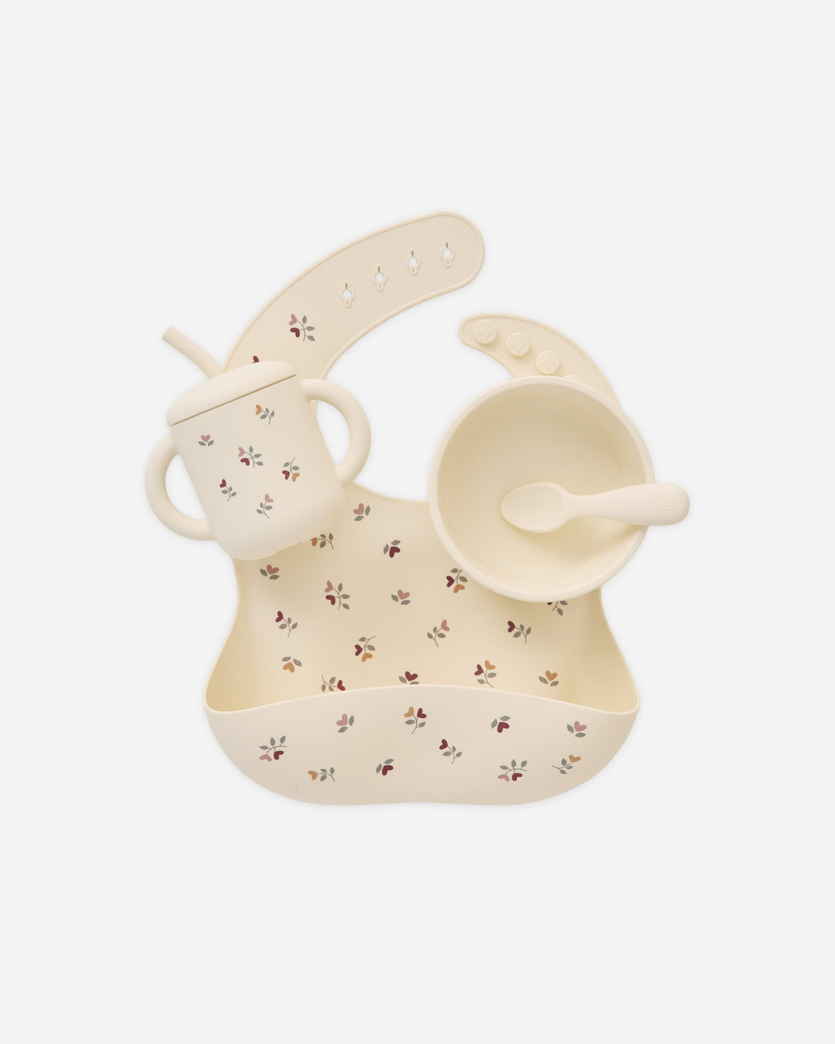 Rylee + Cru Feeding Kit Heart Ditsy: floral silicone bib, suction bowl, cup with straw, spoon.