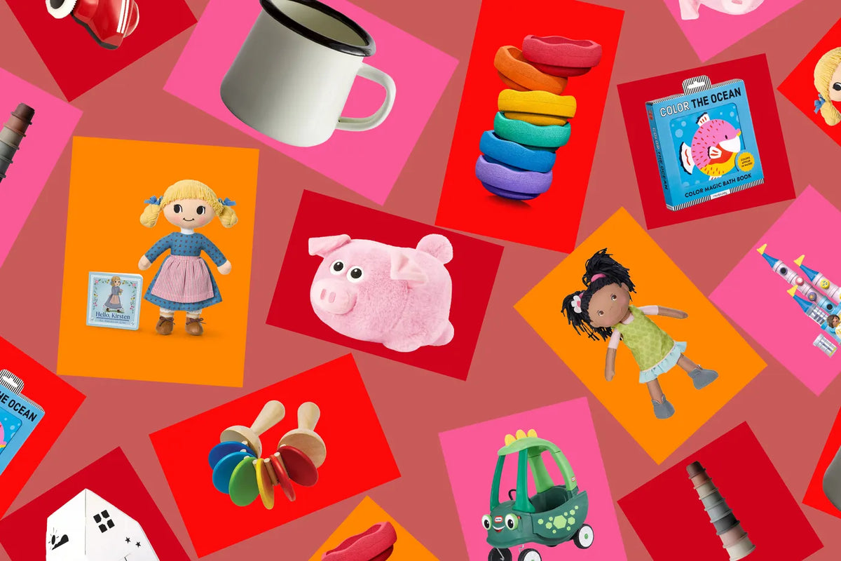 A collage of colorful children's toys and objects arranged on a pink background, including a white mug, a pink pig plush, a doll, a rainbow stacker, a toy car, and other playful items.