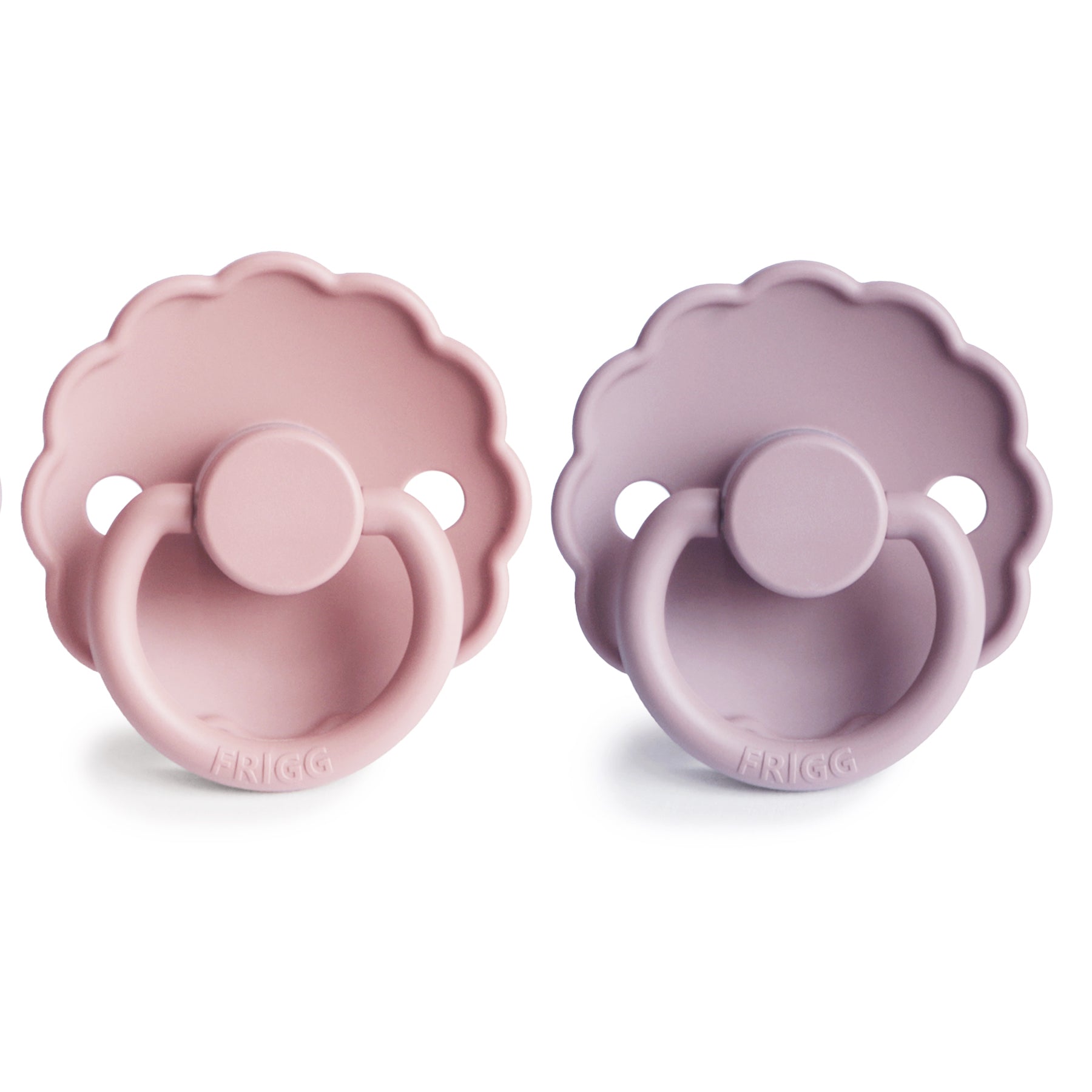 FRIGG Daisy Silicone Pacifier 2-Pack in pink and purple, made in Denmark.