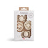 The FRIGG Baby's First Pacifier Floral Heart (Cream) 4-Pack includes four cream-colored pacifiers with floral heart designs for ages 0-6 months, elegantly packaged in white windowed packaging and made in Denmark.