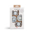 The FRIGG Baby's First Pacifier Moonlight Sailing (Powder Blue) 4-Pack by FRIGG features four Denmark-made baby pacifiers for ages 0-6 months, with powder blue tones visible through the window of a white box with brown and gold accents.