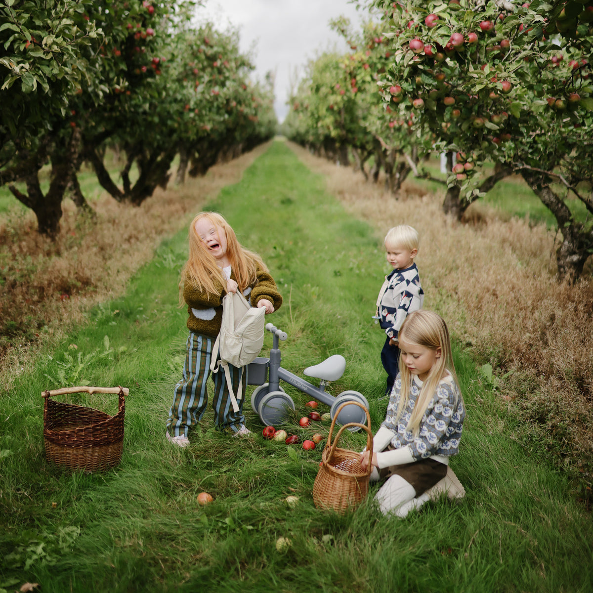Three kids pick apples with baskets and a mushie Mini Toddler Bike on the grass nearby.