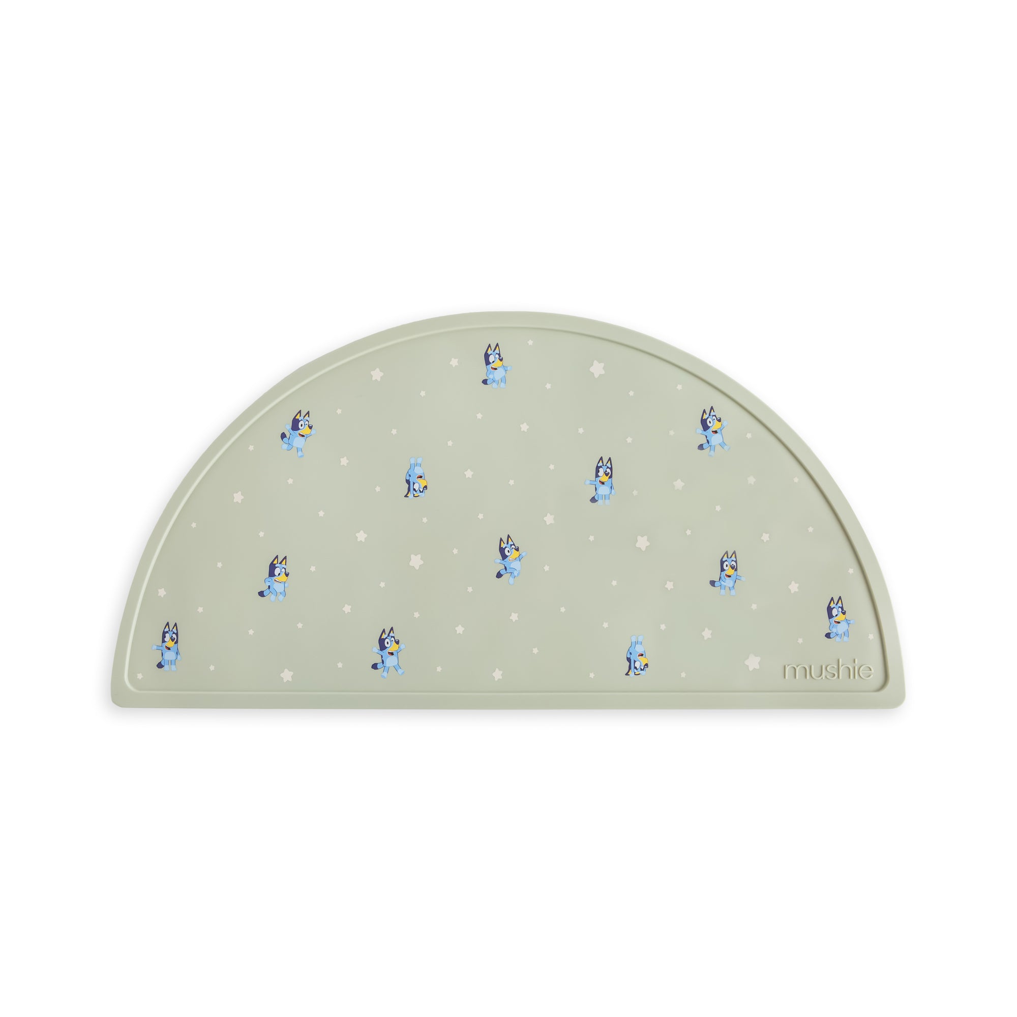 Bluey Sage Mushie placemat, food-grade silicone, features Bluey design and is easy to clean.