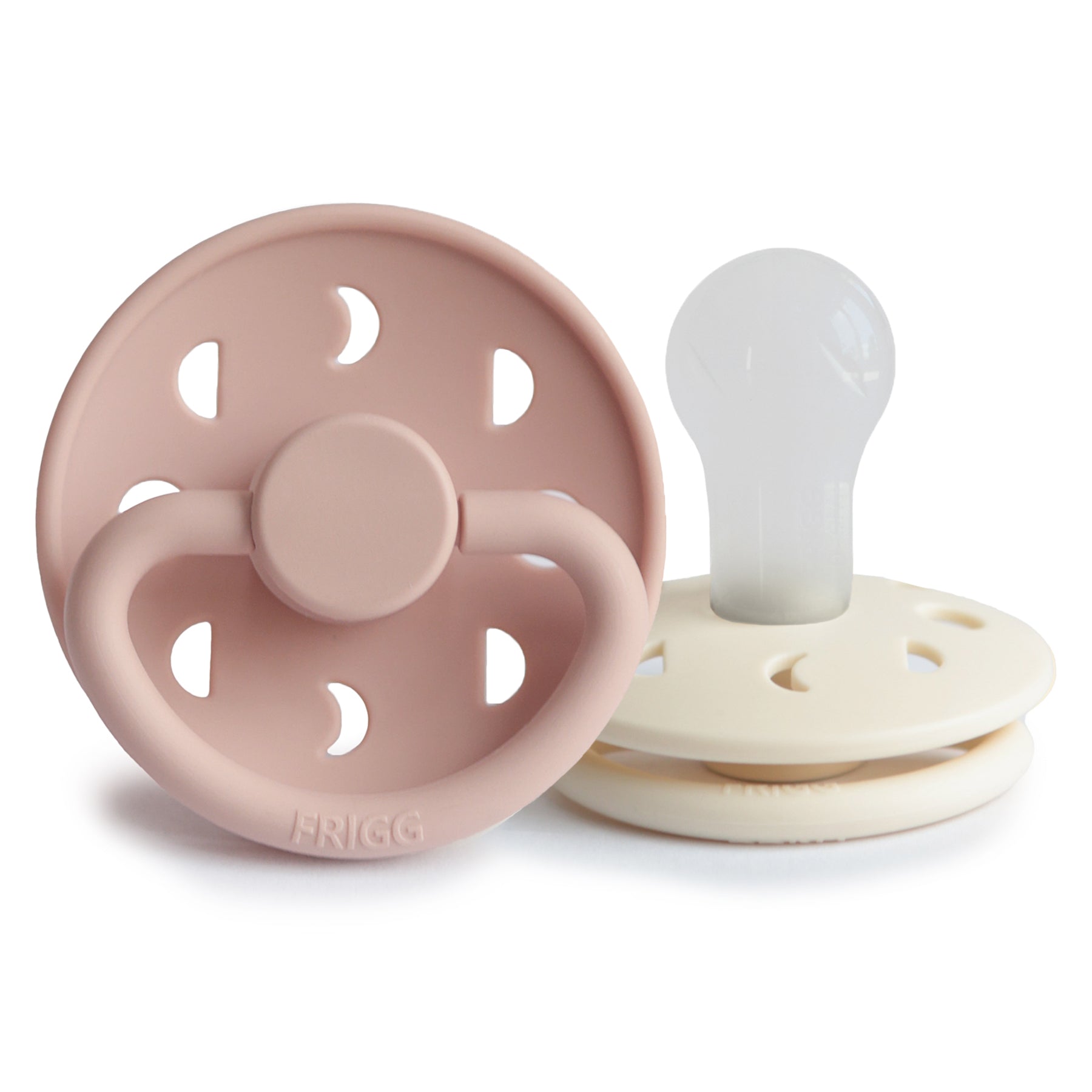 FRIGG Moon Silicone Pacifier 2-Pack in pink and white, baby essentials with round shields.