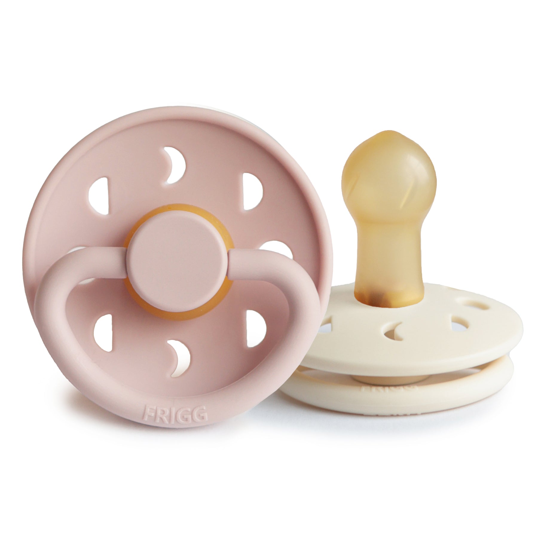 FRIGG Moon Natural Rubber Pacifier 2-Pack, baby essentials shown from different angles.