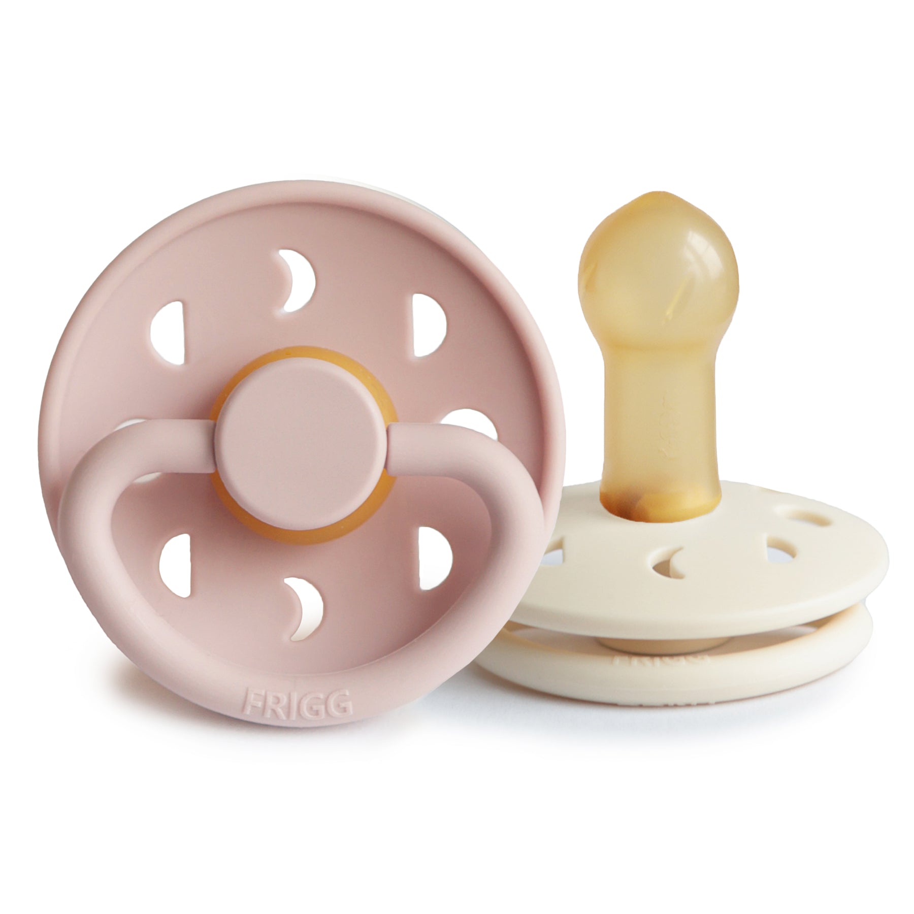 FRIGG Moon Natural Rubber Pacifier 2-Pack with natural rubber latex nipples.