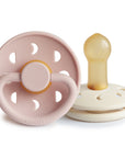 FRIGG Moon Natural Rubber Pacifier 2-Pack with natural rubber latex nipples.