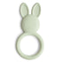 The mushie Bunny Teether is a pale green, non-toxic silicone teether shaped like a bunny head with large ears, a circular handle embossed with "mushie," and a cute face—perfectly safe for babies.
