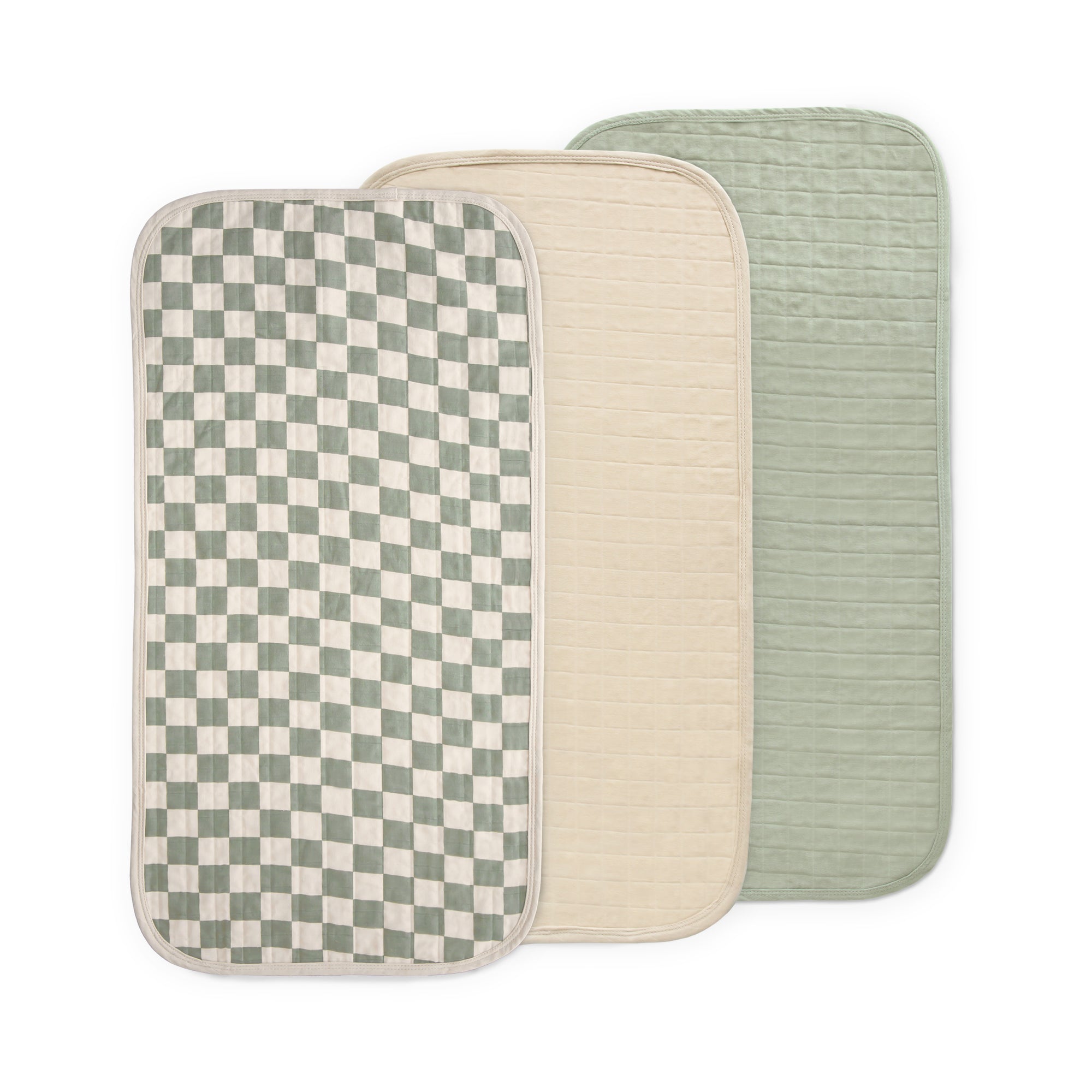 Three Mushie Changing Pad Liners in Olive Check Combo—water repellent and rectangular.