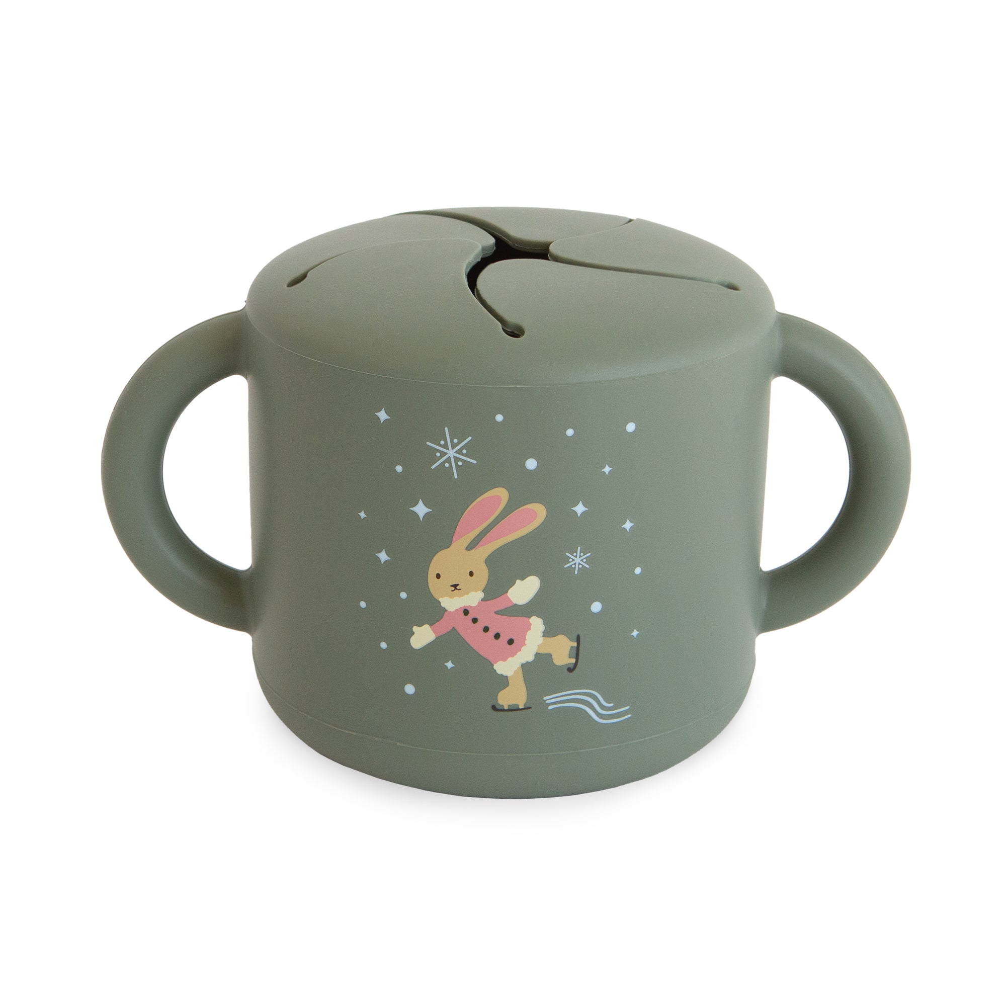 Mushie Snack Cup: green, silicone, two handles, bunny in pink sweater, spill-proof.