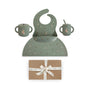 Mushie Christmas Bunny Feeding Kit with a bunny-patterned bib, suction plate, and two cups.