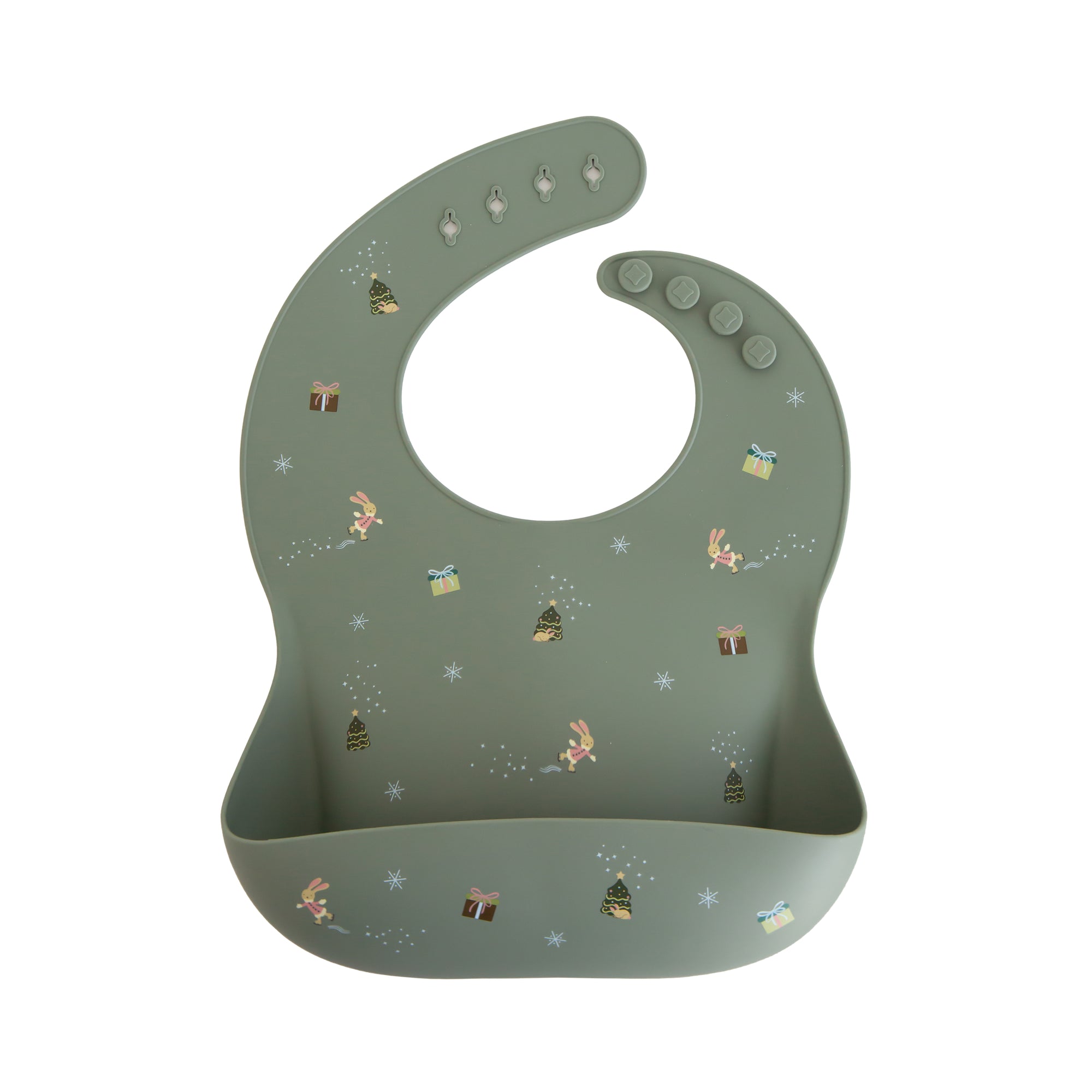 Mushie Silicone Baby Bib: green, festive print, adjustable strap, easy to clean.