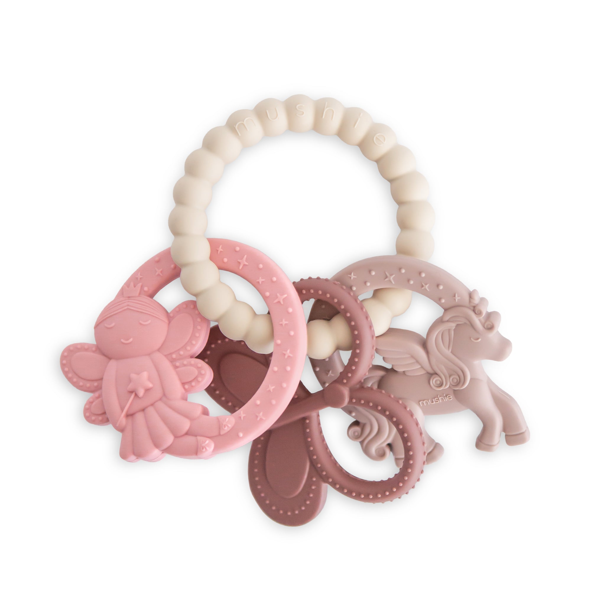 Mushie Fairy Teething Ring: pastel, food-grade silicone for sensory exploration.