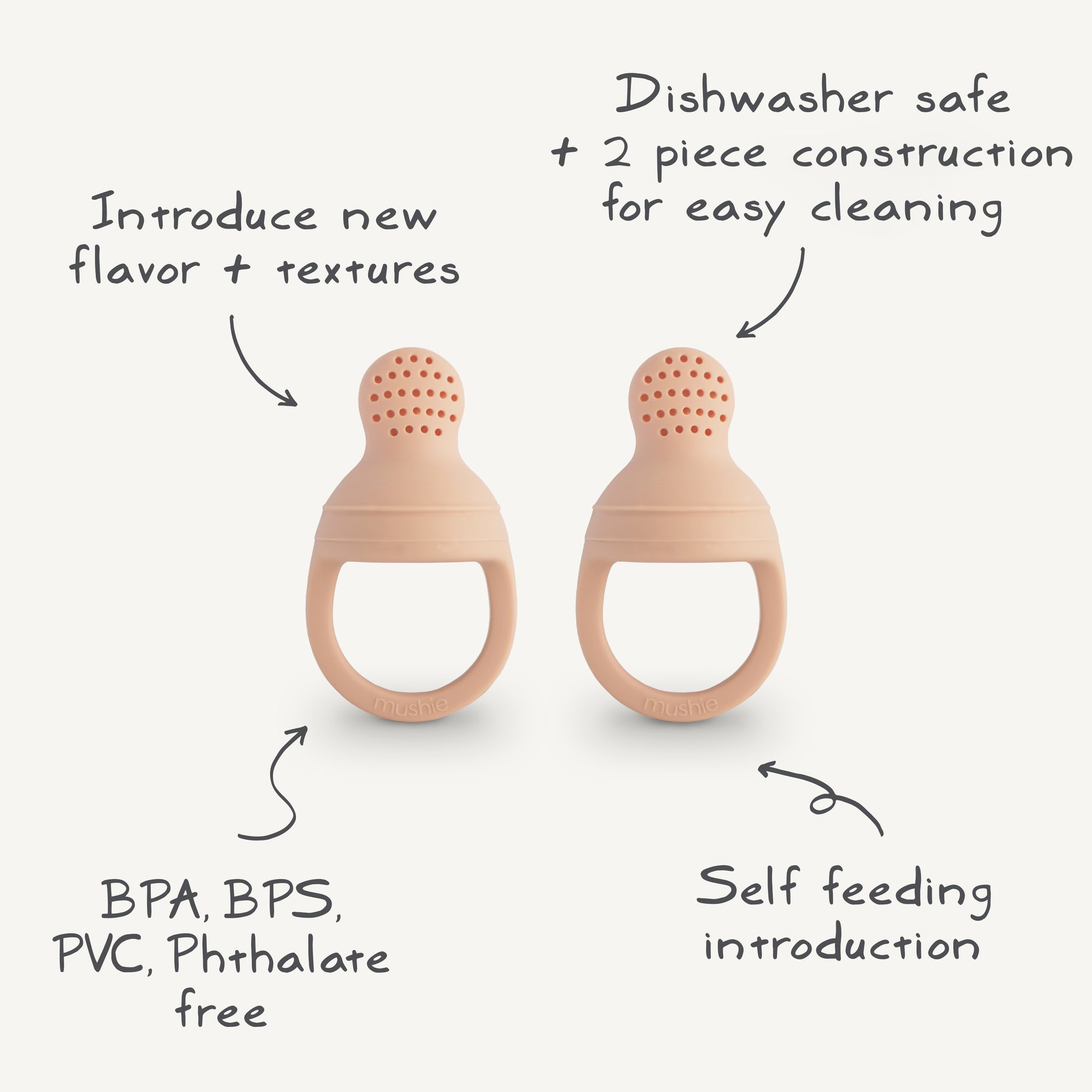 Two Mushie Silicone Fresh Food Feeders in peach are shown. They’re made of food-grade silicone, free from BPA, BPS, PVC &amp; phthalates. Dishwasher safe and easy to clean, they're ideal for introducing flavors and aiding self-feeding.