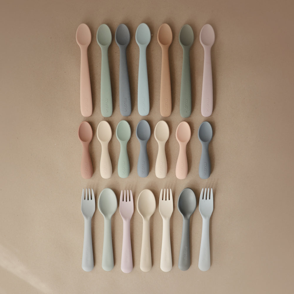 Silicone Toddler Starter Spoons 2-Pack (Natural/Shifting Sand) - The Brass  Owl