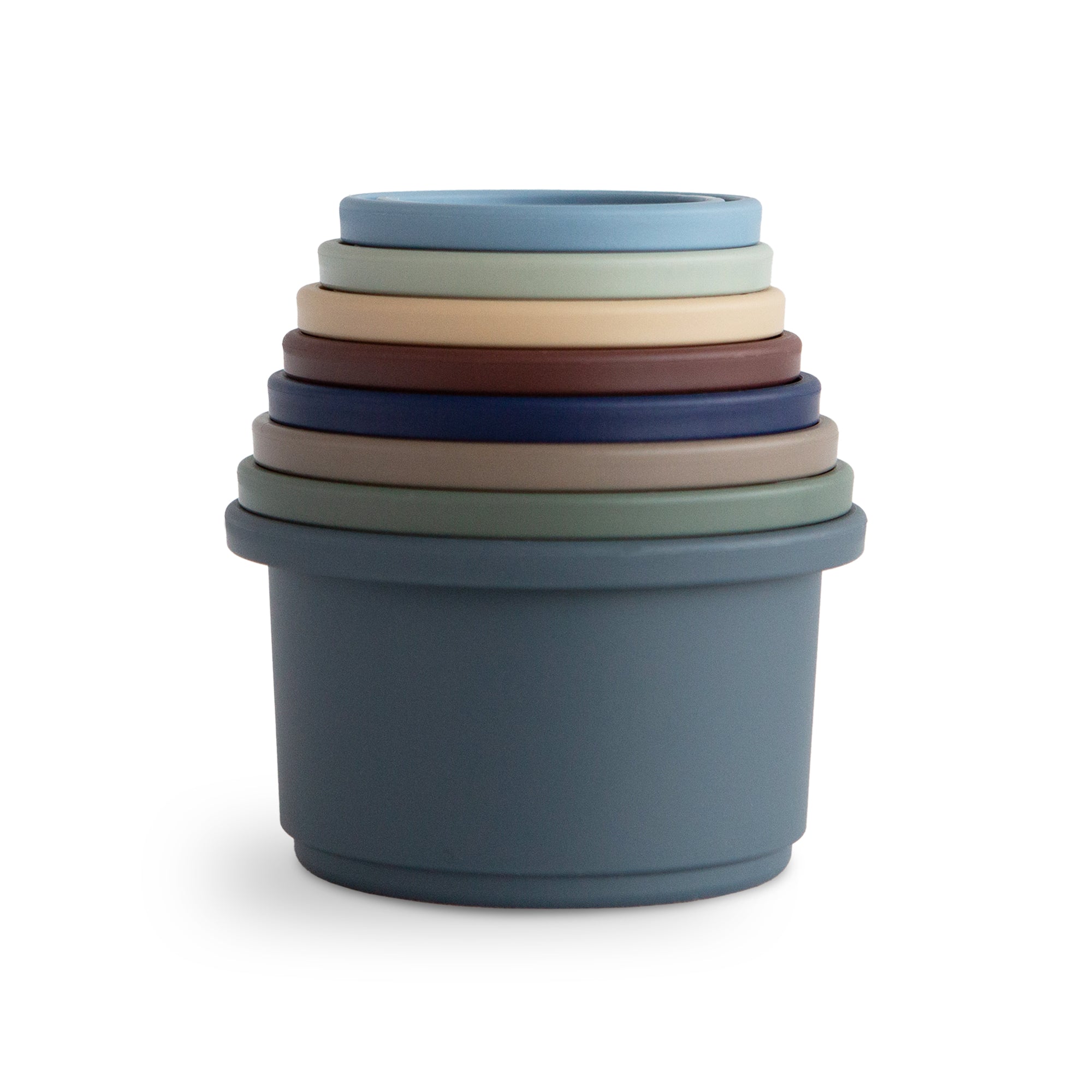 Mushie Stacking Cups Toy: classic nesting cups in muted colors, inspired by Danish Hygge style.