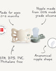 FRIGG Butterfly Anatomical Silicone Pacifier 2-Pack (0-6M), made in Denmark, features shown.