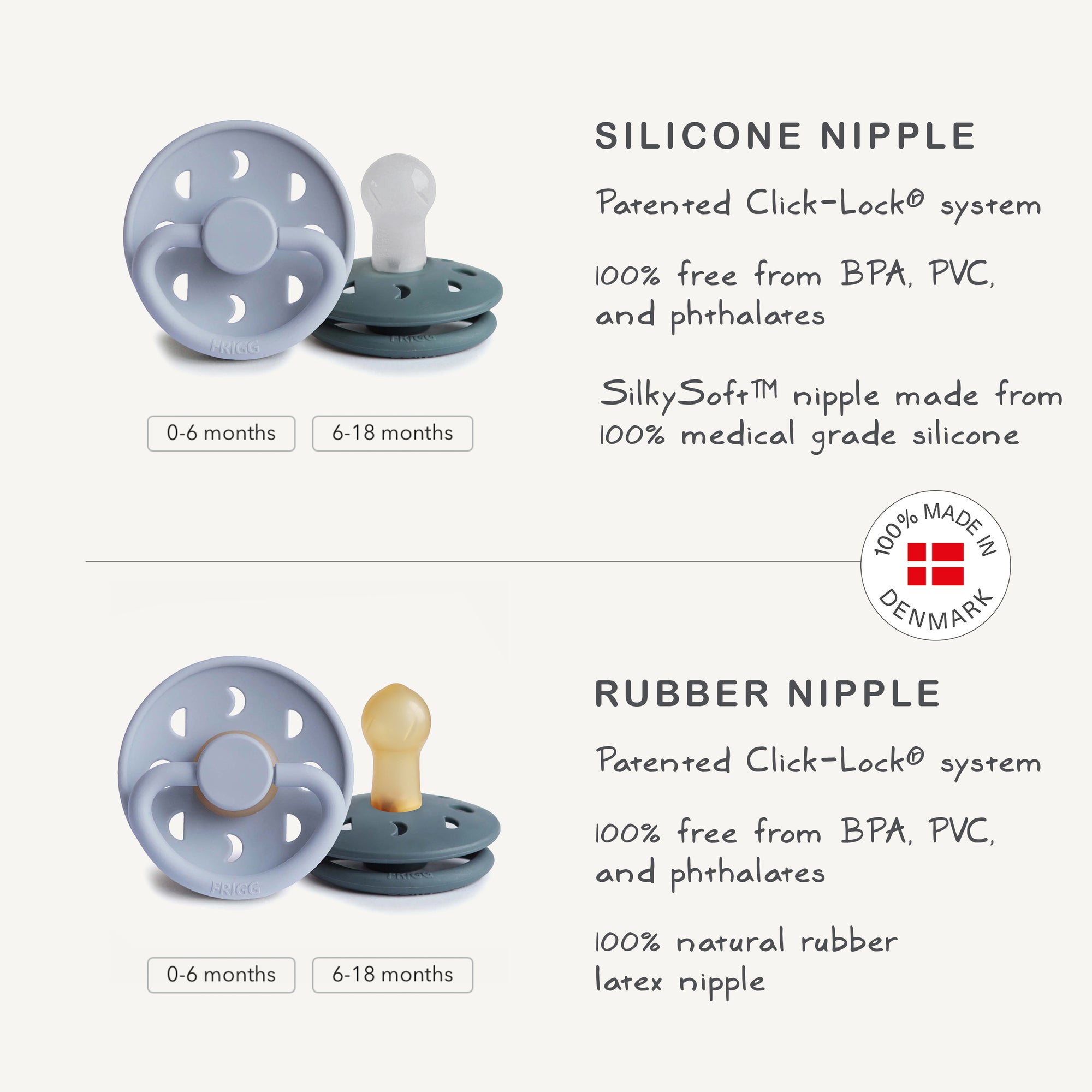 FRIGG Moon Silicone Pacifier 2-Pack: two pacifiers for ages 0-6 and 6-18 months.