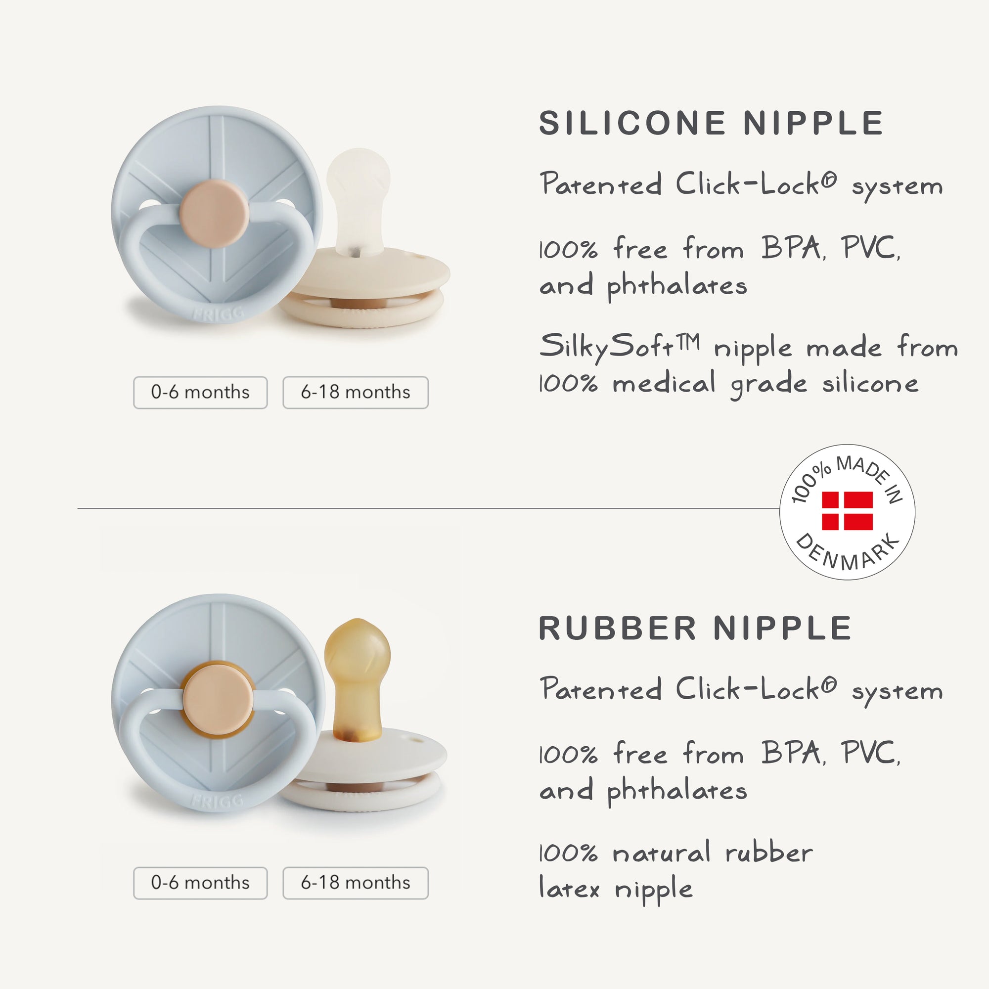 FRIGG Silicone Pacifier 4-Pack offers Danish-made pacifiers for babies.