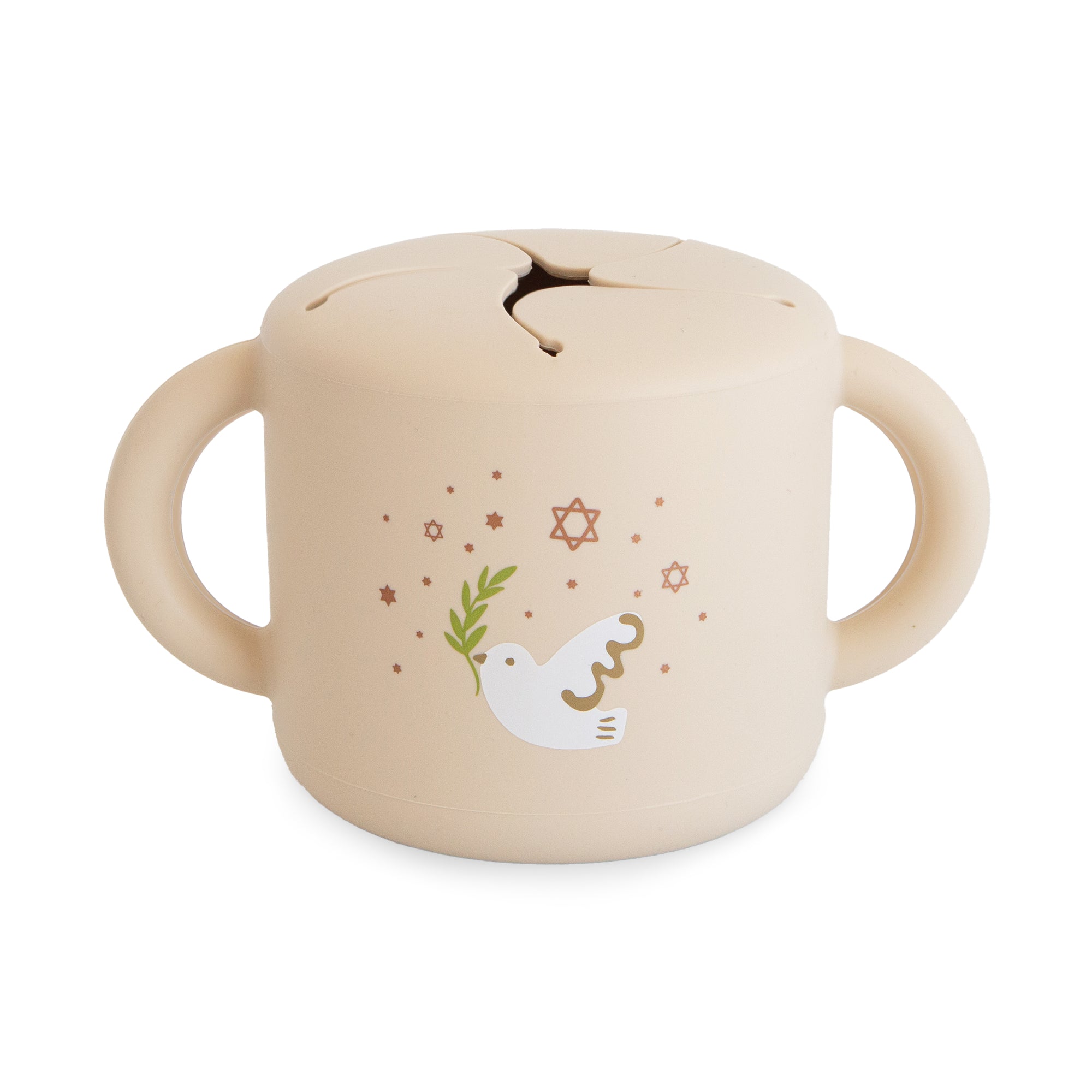 Mushie Snack Cup: beige silicone, two handles, dove with olive branch on front.