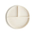 The mushie Silicone Suction Plate is a round, off-white baby feeding plate with three compartments—two small sections on top and one large at the bottom—shown against a white background.