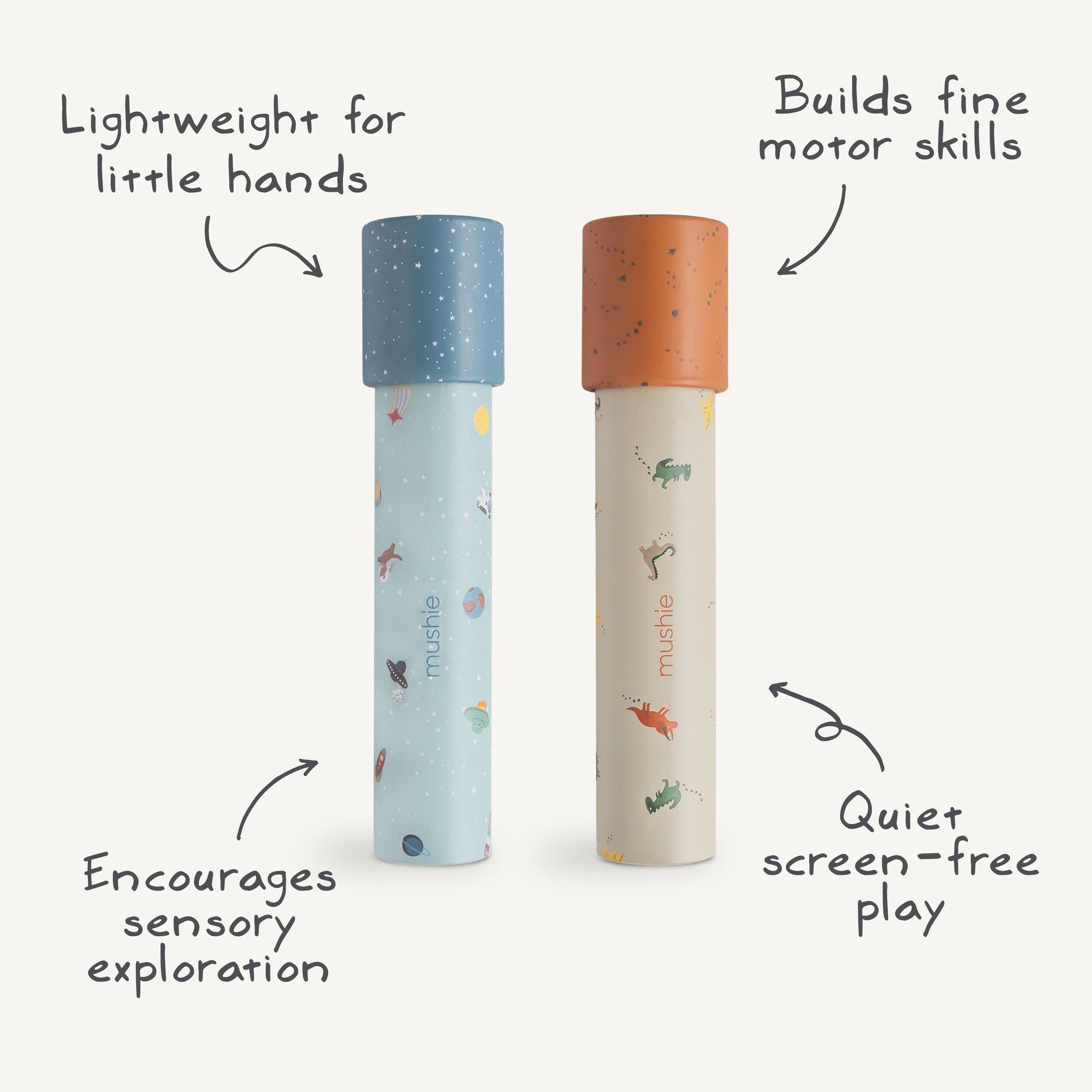 Two vibrant mushie Kaleidoscopes inspire kids' imaginations with playful, creative designs.