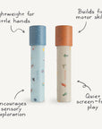 Two vibrant mushie Kaleidoscopes inspire kids' imaginations with playful, creative designs.