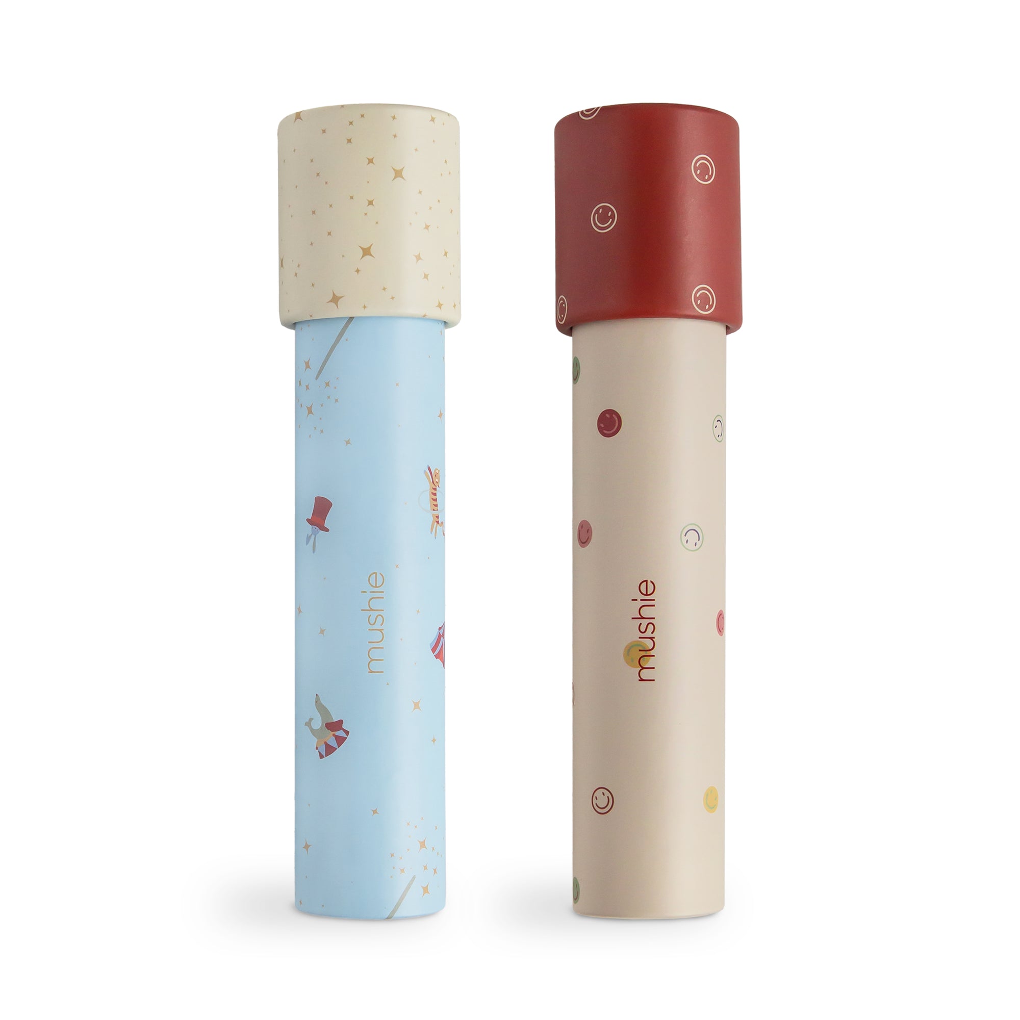 Set of two mushie Kaleidoscopes in Circus and Smiley Face, ideal for imaginative kids' play.