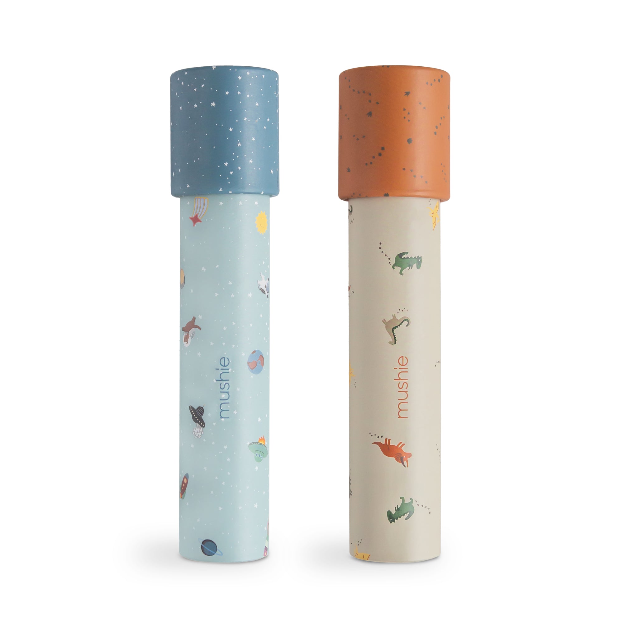 Two mushie Kaleidoscopes in Space and Dinosaurs designs for creative, imaginative play.