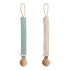 Mushie Linen Pacifier Clip 2-Pack with wooden clasps in light blue and beige on white background.