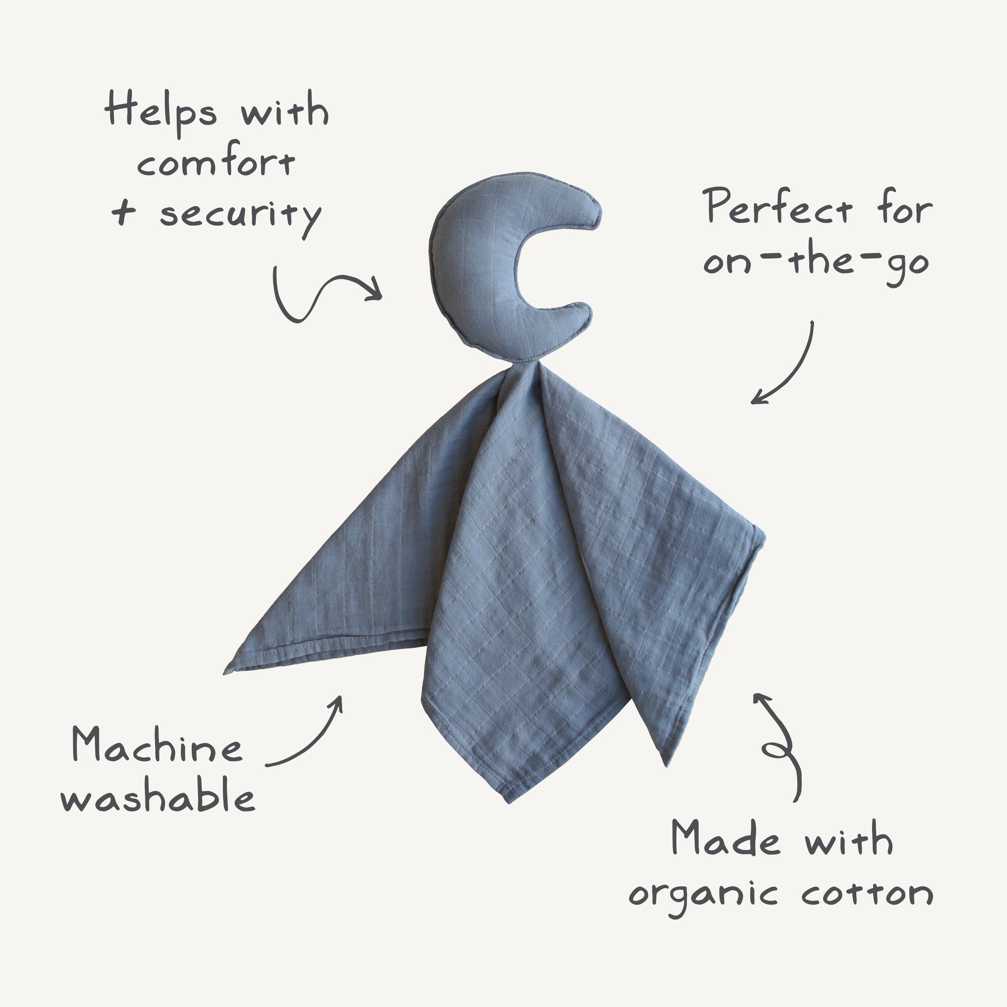 The mushie Moon Lovey Blanket is a cozy, stuffed crescent moon comforter with an attached blue cloth. Made with organic cotton, it's machine washable—perfect for on-the-go comfort and security as a baby security blanket.