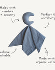 The mushie Moon Lovey Blanket is a cozy, stuffed crescent moon comforter with an attached blue cloth. Made with organic cotton, it's machine washable—perfect for on-the-go comfort and security as a baby security blanket.