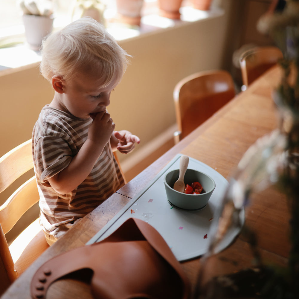 Mushie toddler starter spoons are made from non-toxic, food-grade sili