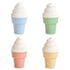 The mushie Mix and Match Ice Cream Toy features four silicone cups with pastel cones in blue, green, pink, and yellow—ideal for building fine motor skills.