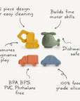 The mushie Vehicles Mold Free Bath Play Set includes four colorful, food-grade silicone toys—excavator, helicopter, truck, and car—with a 2-piece, dishwasher-safe design to prevent mold and encourage motor skills and imaginative play.