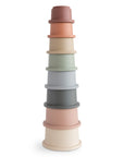 Mushie Stacking Cups Toy—nest pastel cups, inspired by Danish Hygge & the Rundetårn.