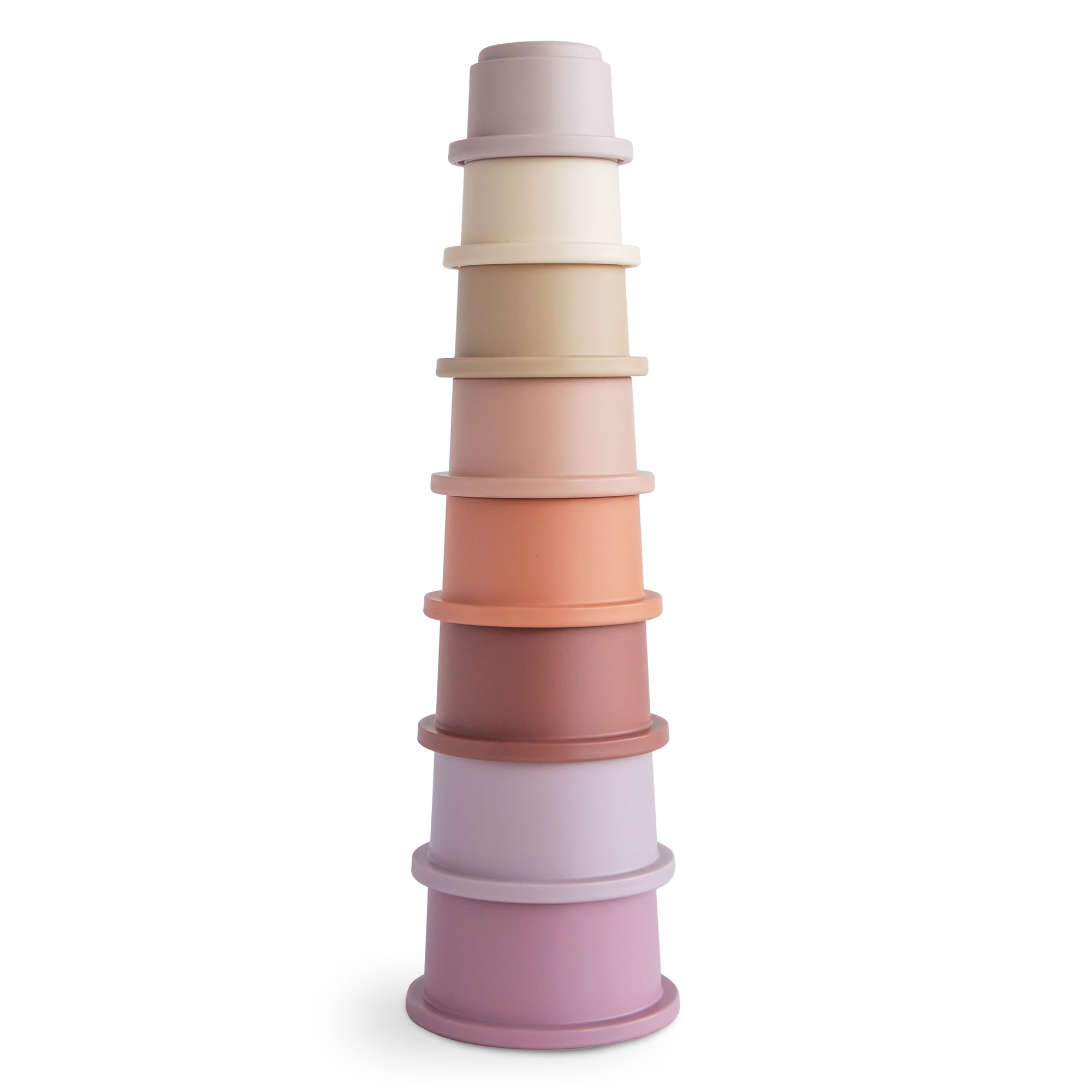 Mushie Stacking Cups Toy: pastel Danish Hygge cups stack from large to small for babies.