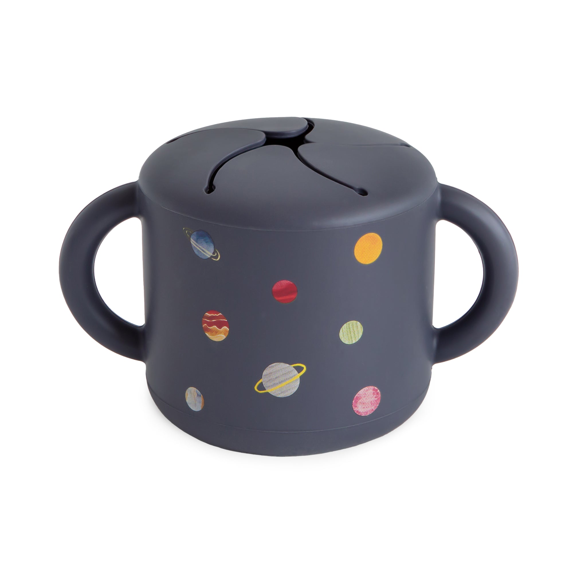 Mushie Snack Cup, Planets: spill-proof silicone, two handles, toddler-friendly.